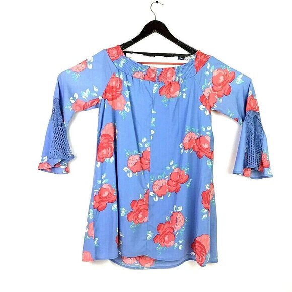 NWT Sequin Hearts XL Blue Floral Rose Blouse Roses Off Shoulder Bell Sleeves - Picture 9 of 10